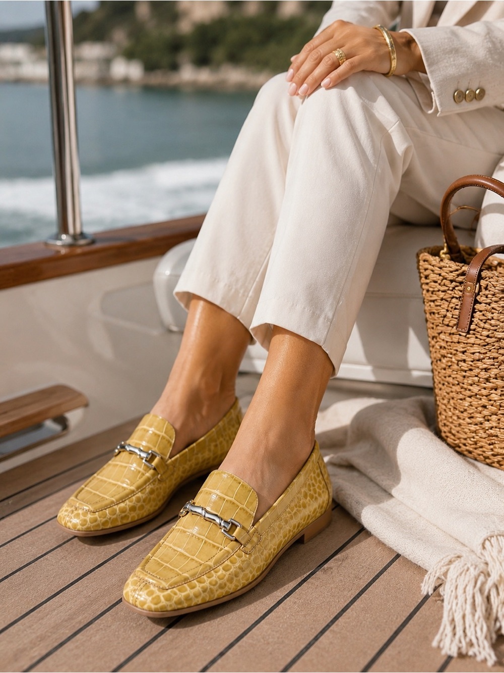 Vince Camuto Perenna Croc Embossed Leather Loafers Yellow 7.5 Luxury Old Money